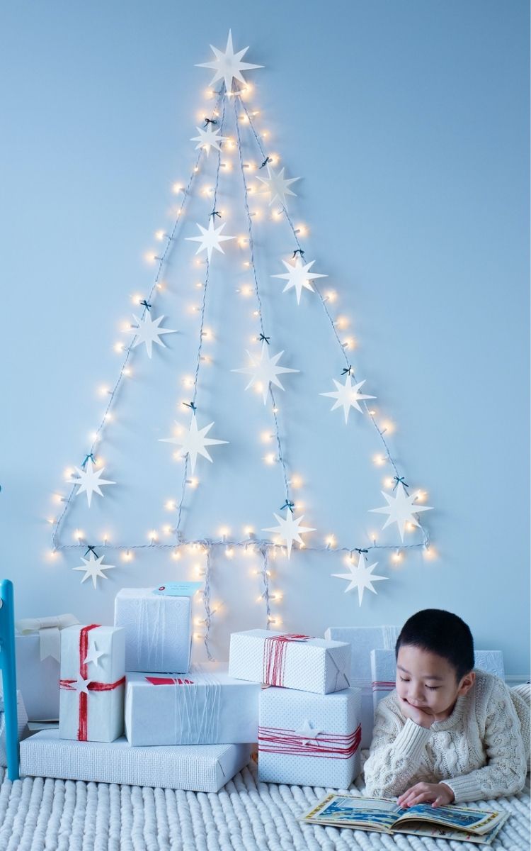 17 Sparkling Indoor Christmas Lighting Ideas - String Light Christmas Tree on Wall