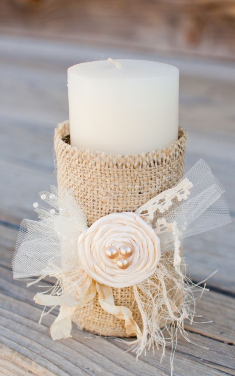 burlap tin can candle holder