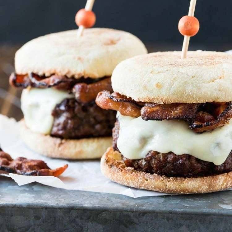 Beef burger with white Irish cheddar and bacon.