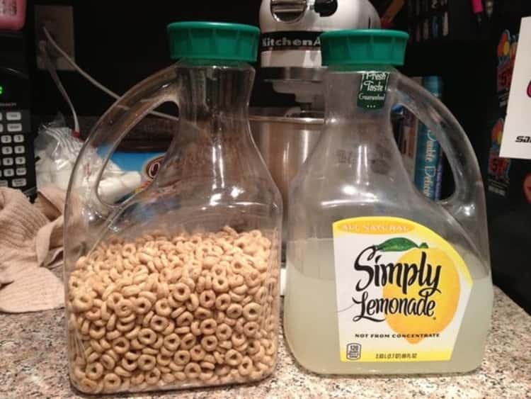 Reuse lemonade jugs to store cereal