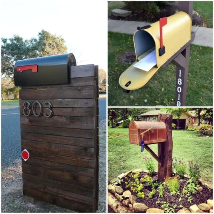 3 photo-collage of mailbox makeovers - mailbox on a stained wood setting for a rustic look, mailbox painted in a happy yellow color on dark brown post, and copper mailbox on stained old barn beam