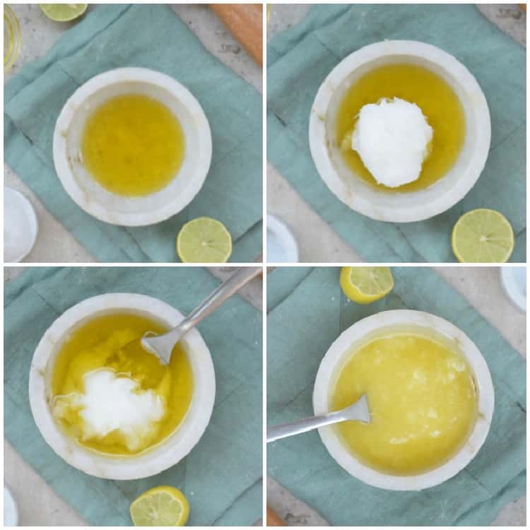 DIY leather cleaner recipe stages - collage - a white bowl with oils, a white bowl with oils and coconut oil, a white bowl with oils and a fork mixing them, a white bowl with all the ingredients well blended