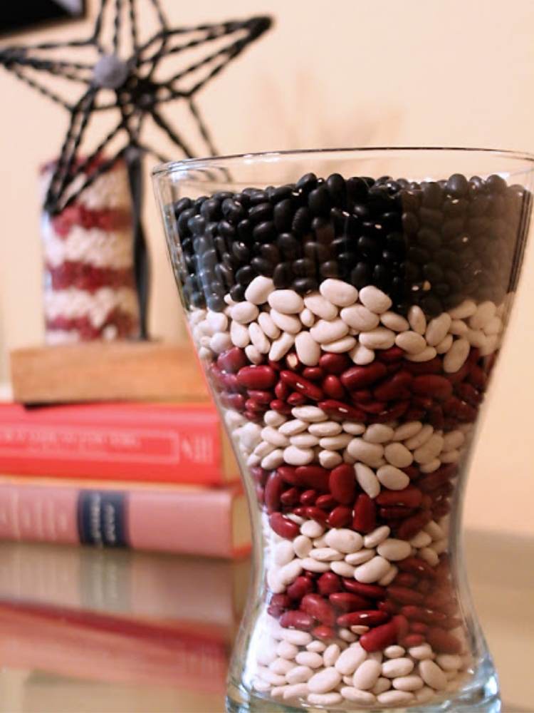 Picture of red, white, and blue beans in vase