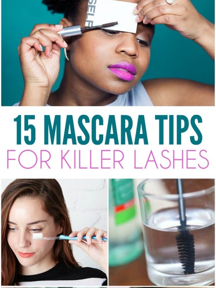 Collage of mascara tips; using toothbrush to get clumps out of eyelashes, using warm water to clean mascara brush