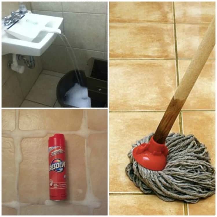 3-photo collage of using dustpan to funnel water in a mop bucket, wet mop on tile floor and a can of Resolve carpet cleaner on tiled floor whose grout has a foamy liquid 