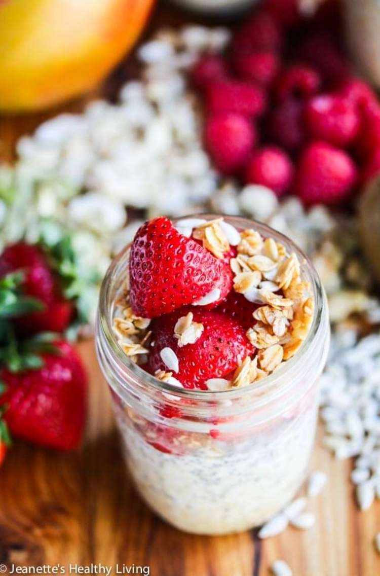 Oats: Overnight oats in a jar topped with whole strawberries 