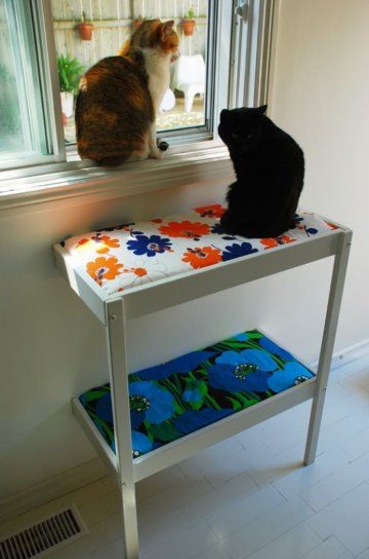 Repurposed changing tables converted into window stand for cats