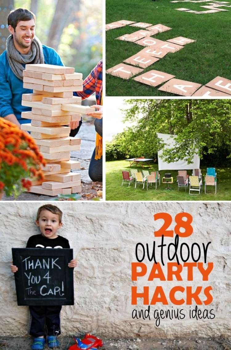 One Crazy House Outdoor Party Tips photo collage made smiling behind giant jenga block tower, grass with giant scrabble letters layed out in scrabble pattern, DIY movie screen in trees with chairs in front of the screen, child holding a chalboard sign that sys "thank you 4 the car" standing next to toy car.