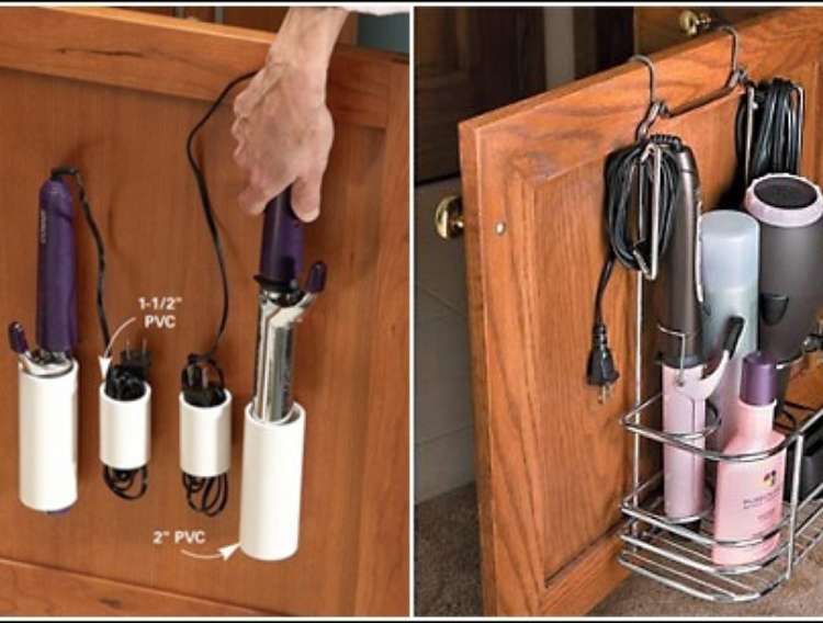 OneCrazyHouse DIY Home Organization inside of cabinet doors with pvc pipes attached used for hair appliance storage