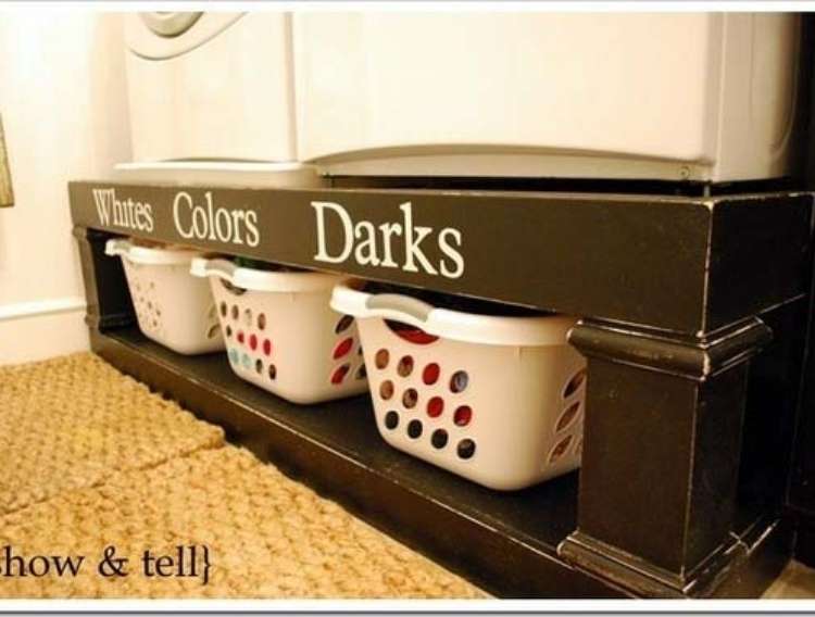 OneCrazyHouse DIY Home Organization 3 laundry baskets neatly tucked into a tiable and labled with each type of laundry: White, colors, darks