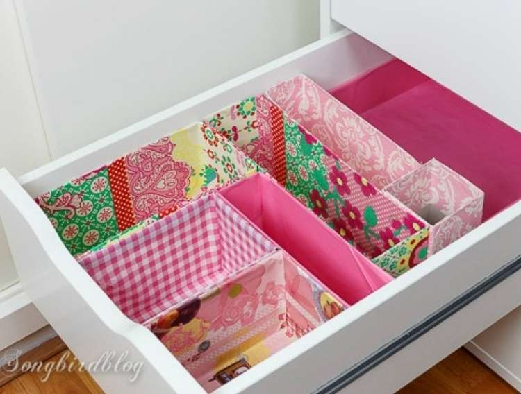 OneCrazyHouse Dorm Room Decor drawers with sections made from cardboard boxes covered in colorful paper