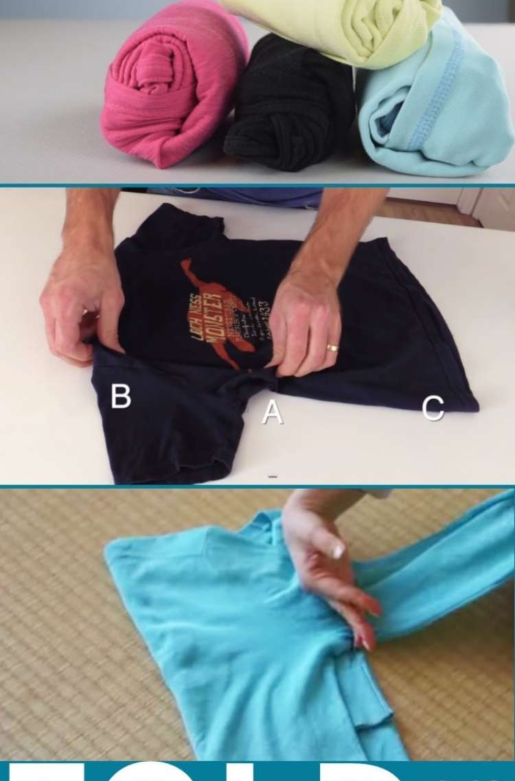 OneCrazyHouse Dorm Room Decor photo collage showing 3 ways to fold shirts