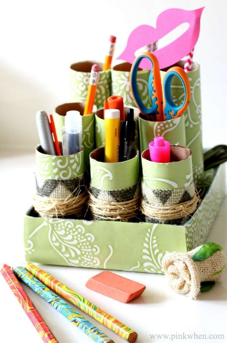 OneCrazyHouse Dorm Room Decor desk organizer made from cardboard rolls holding highlighters, pens and scissors