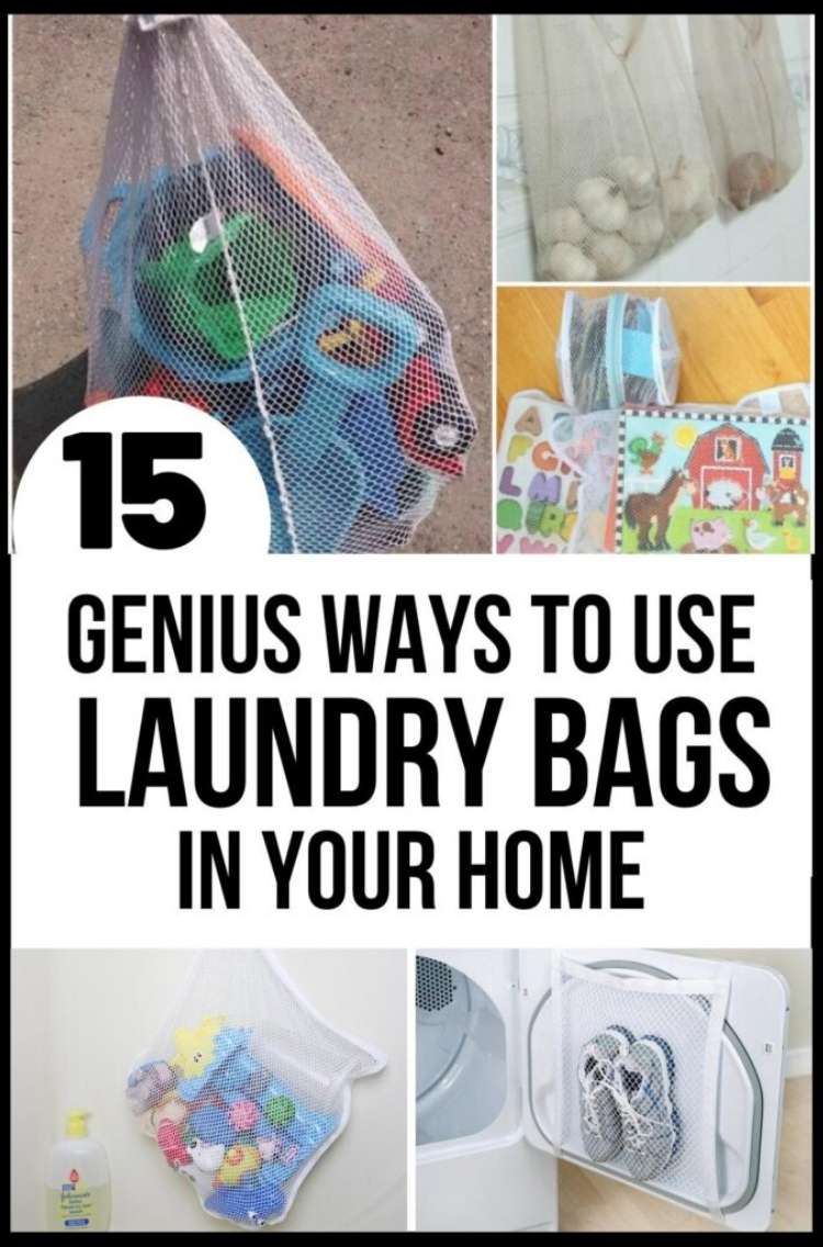 OneCrazyHouse Mesh Laundry Bags photo collage, mesh laundry bag filled with beach toys, 2 mesh laundry bags filled with puzzles , Mesh bag hanging from bathroom wall with bathtub toys inside, mesh bag repurposed as a net to hold sneakers on dryer door