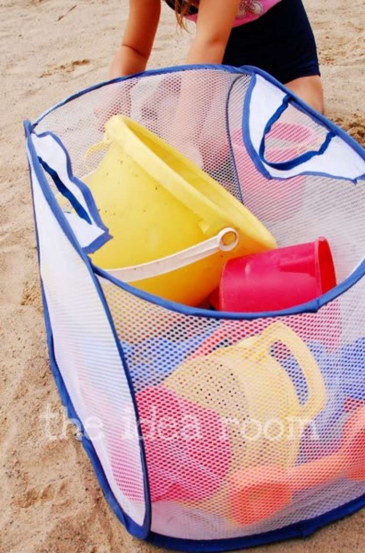 OneCrazyHouse Mesh Laundry Bags laundry mesh hamper filled with larger beach toys like buckets and shovels