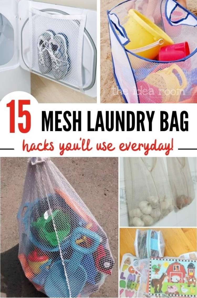 OneCrazyHouse Mesh Laundry Bags collage photo mesh bag repurposed as a net to hold sneakers on dryer door, mesh laundry bag filled with beach toys,2 mesh laundry bags filled with puzzles laundry mesh hamper filled with larger beach toys like buckets and shovels