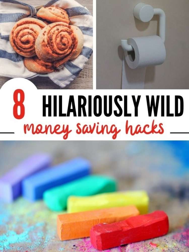 OneCrazyHouse Money Saving Hacks collage photo cinnamon buns on napkin, Toilet paper roll on holder, pieces of colored clay