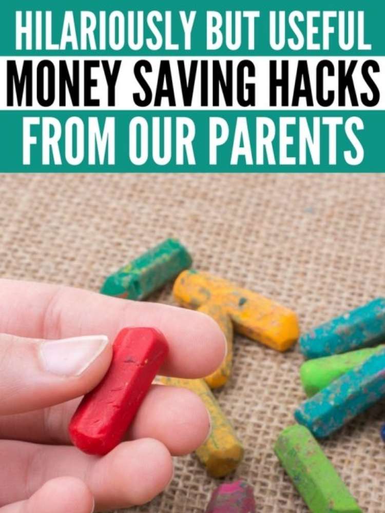 OneCrazyHouse Money Saving Hacks title photo, broken pieces of crayons laying on a table with a hand holding one of the pieces. 