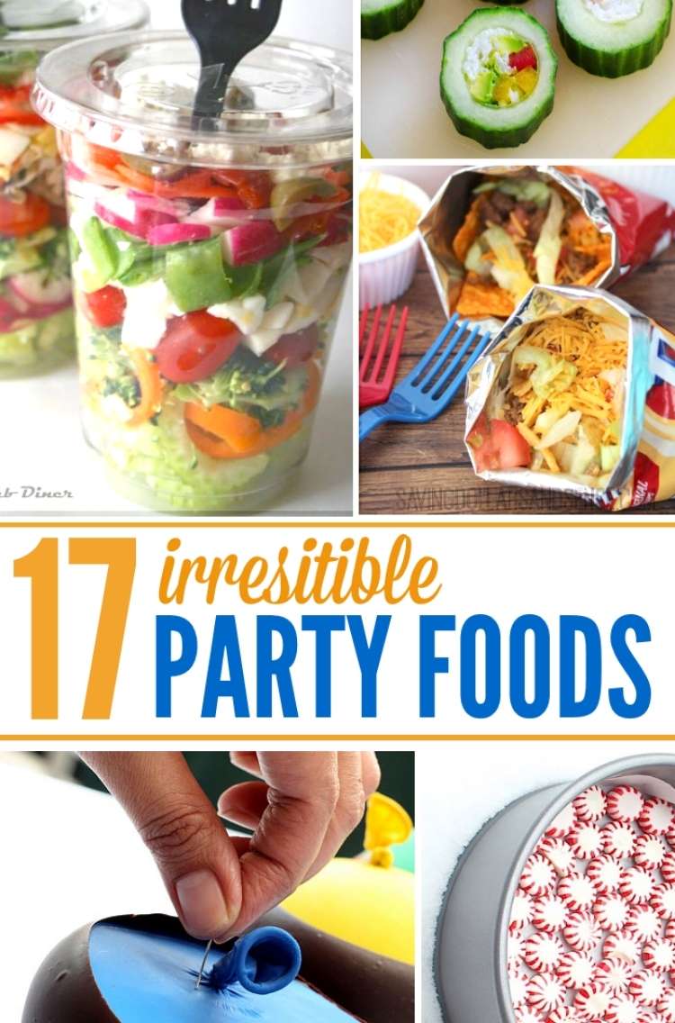 OneCrazyHouse Party Foods Pinterest Titles Graphic, salad in a plastic cup, tacos in a individual chip bag, bowls of chocolate being made with hardened chocolate around balloons, plate made from peppermint candies in a oven dish with words across top 