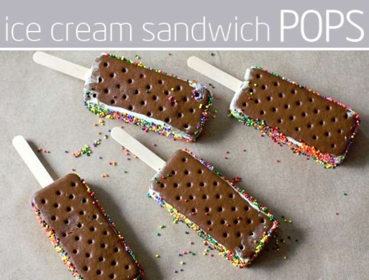 OneCrazyHouse Party Food ideas 4 homemade ice cream sandwiches on stick with chocolate cookie on outside and vanilla icecream and sprinkles on the inside