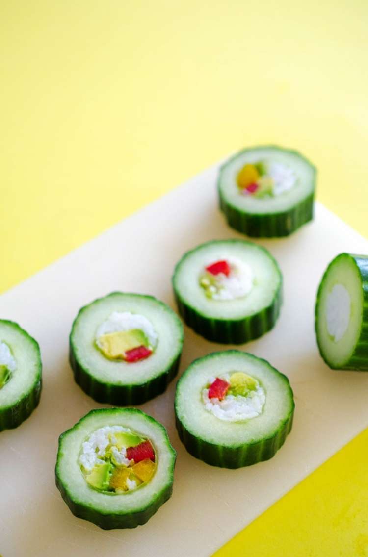 OneCrazyHouse Party Food ideas plate of cucumber sushi