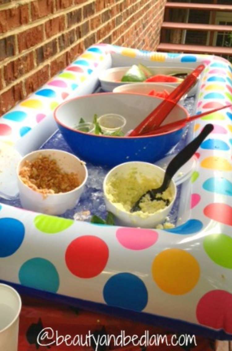 OneCrazyHouse Party Food ideas Inflated Kiddie pool filled with ice and party buffet foods