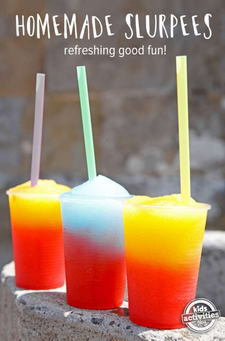 OneCrazyHouse Stay Cool without a pool 3 homemade slushees in clear cups with straws