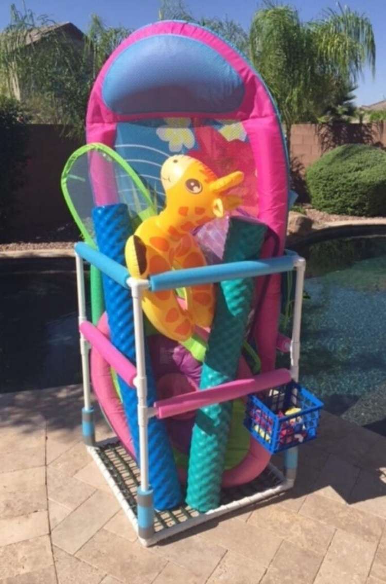 OneCrazyHouse pool storage storage area for wet pools toys made from PVC pipe and netting