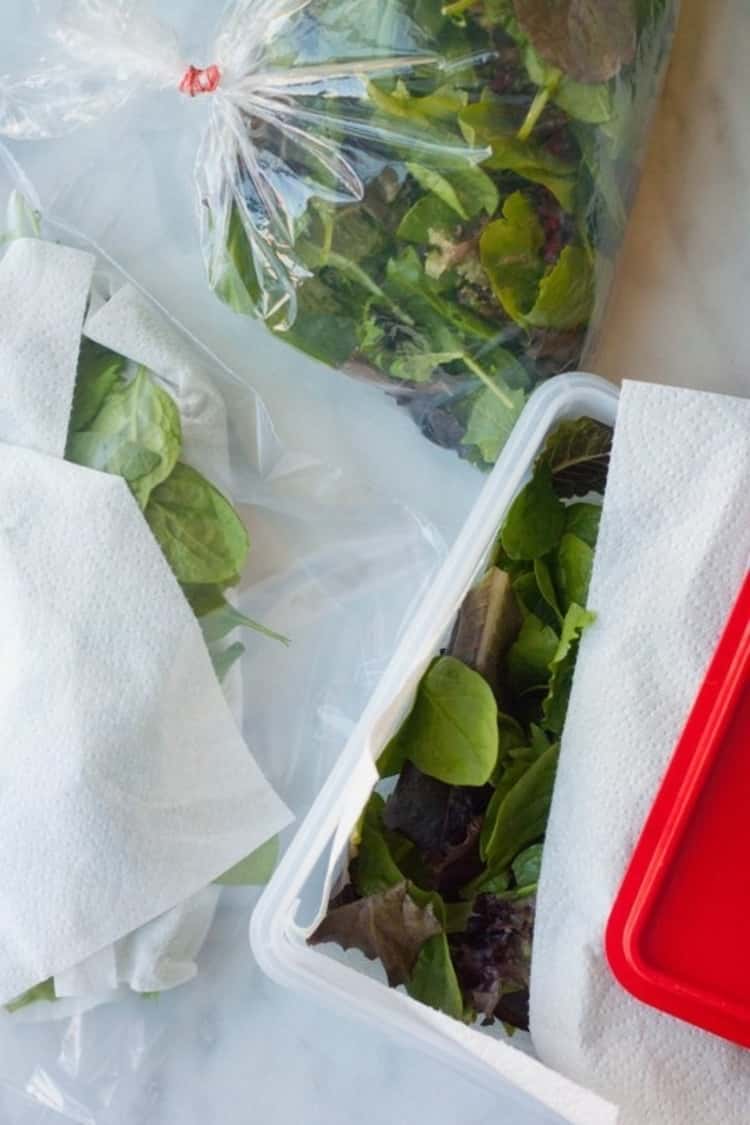 Use paper towels to draw out moisture in veggies as you throw them in the fridge