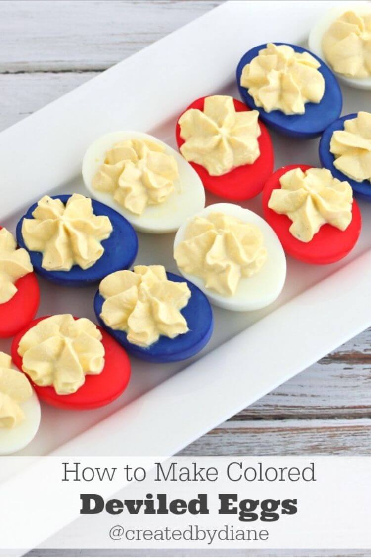 Deviled eggs dyed so they are red, white, and blue - a twist on a classic 4th of July food