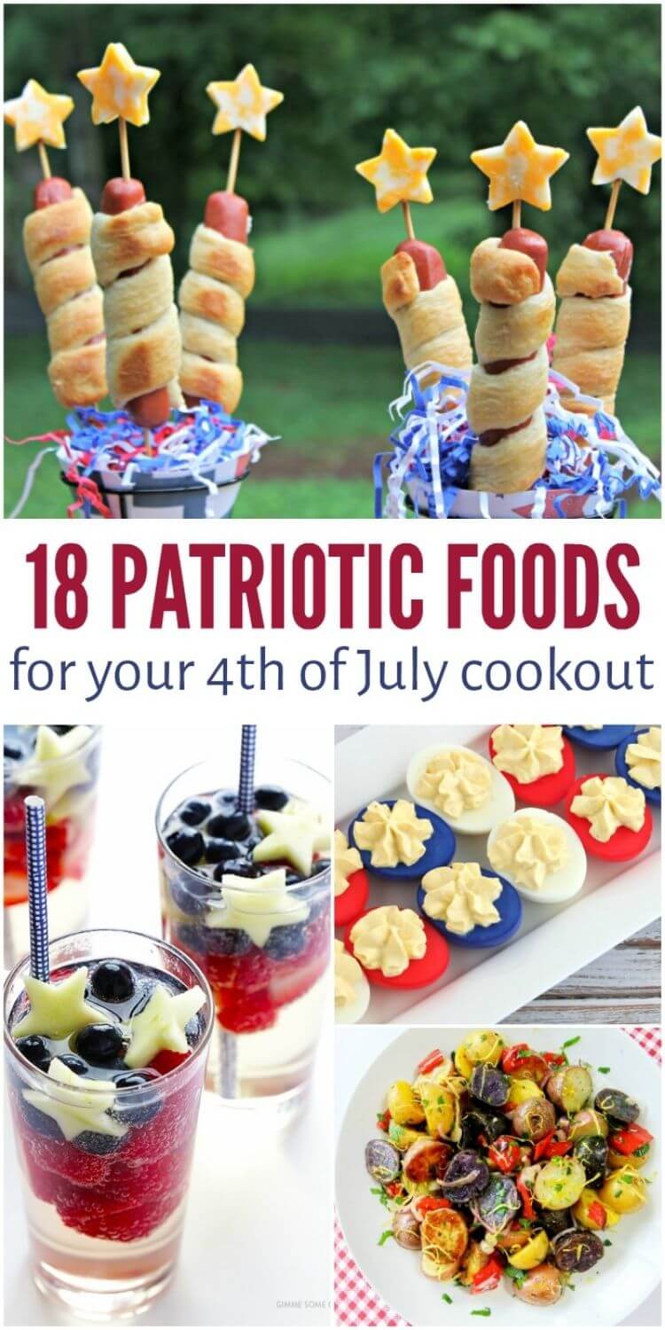 4th of July food idea collage - fire cracker hot dogs, red white and blue sangria, red and blue deviled eggs, and red white and blue potato salad