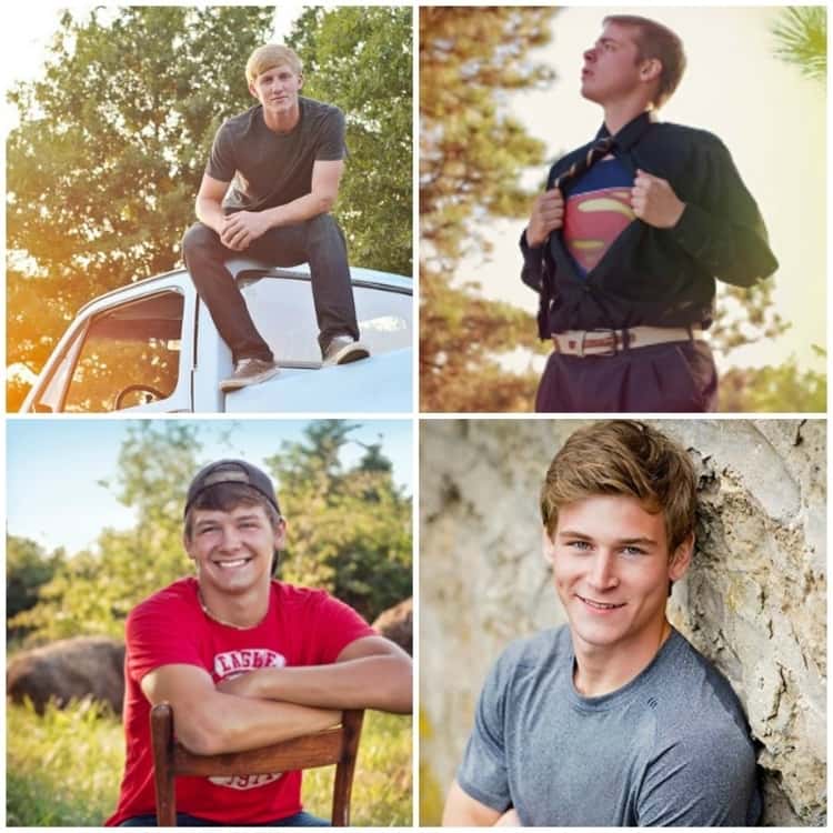 4-image photo collage of senior picture ideas for guys - guy on top of pick up truck, guy showing off batman suit under his regular clothes, smiling guy seated in the backward chair pose, and guy standing against a rugged wall. 