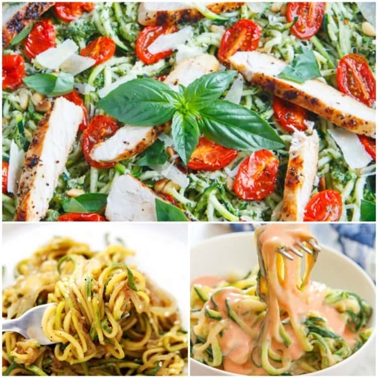 3-photo collage of pesto Zucchini Noodles with Roasted Tomatoes and Grilled Chicken, spiralized zucchini, and spiralized zucchini in a sauce. 