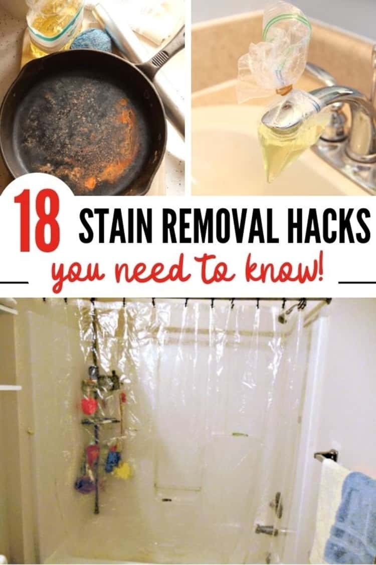 photo collage of 18 STAIN REMOVAL HACKS you need to know - rusted cast iron pan, faucet wrapped in plastic bag with stain removal solution, and bath tub covered in clear shower curtain