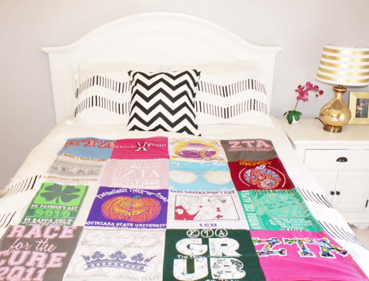 quilt made from a patchwork of upcycled old sorority t-shirts