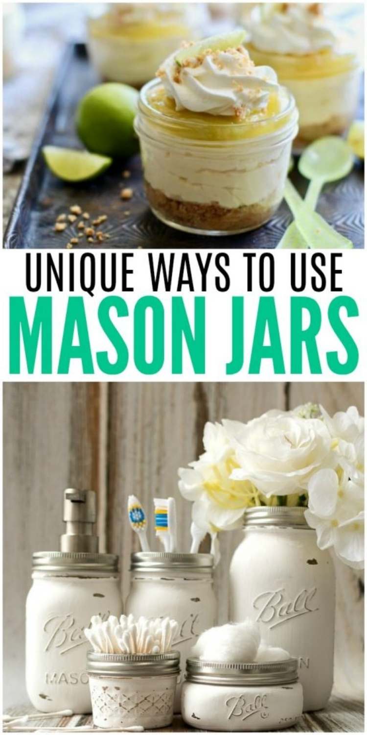 Unique ways to use mason jars- single serve key lime pie in a mason jar, and mason jar bathroom soap dispenser