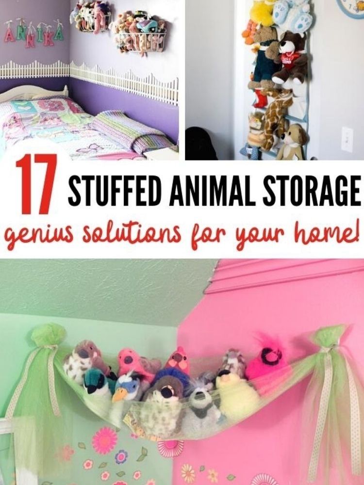 collage of stuffed animal storage of hammock, planter baskets and shoe organizerr