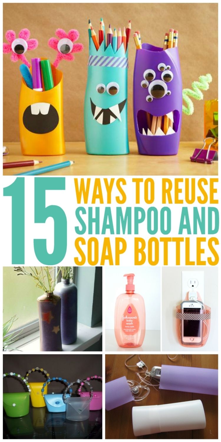 Creative collage of unique ways to reuse shampoo bottles including monster themed pencil holders, vases, cell phone holder, and play purse.