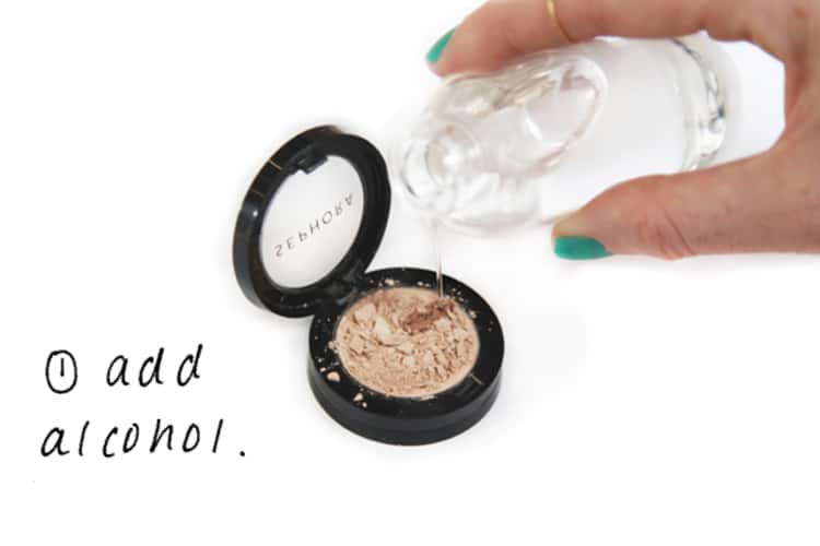 Add rubbing alcohol to broken makeup to restore it