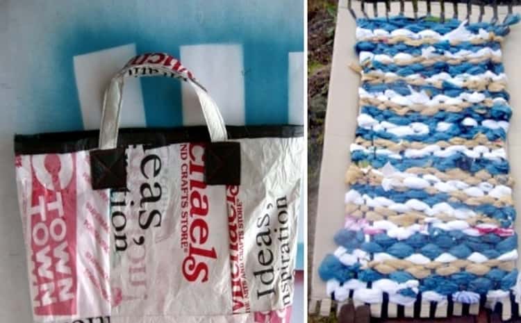 Clever packing hack! a collage of a bag made from fused plastic bags and a rug woven from plastic bags