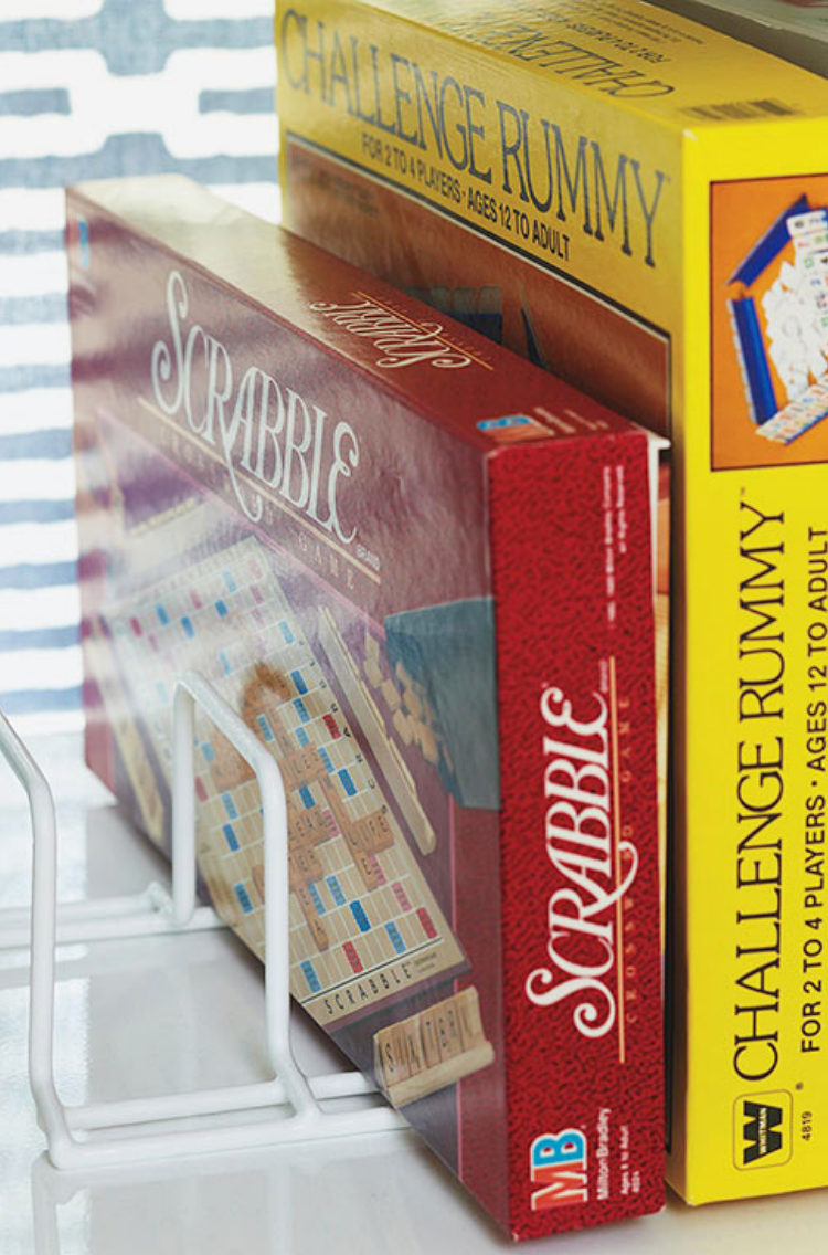 Wire racks used to store game boards horizontally