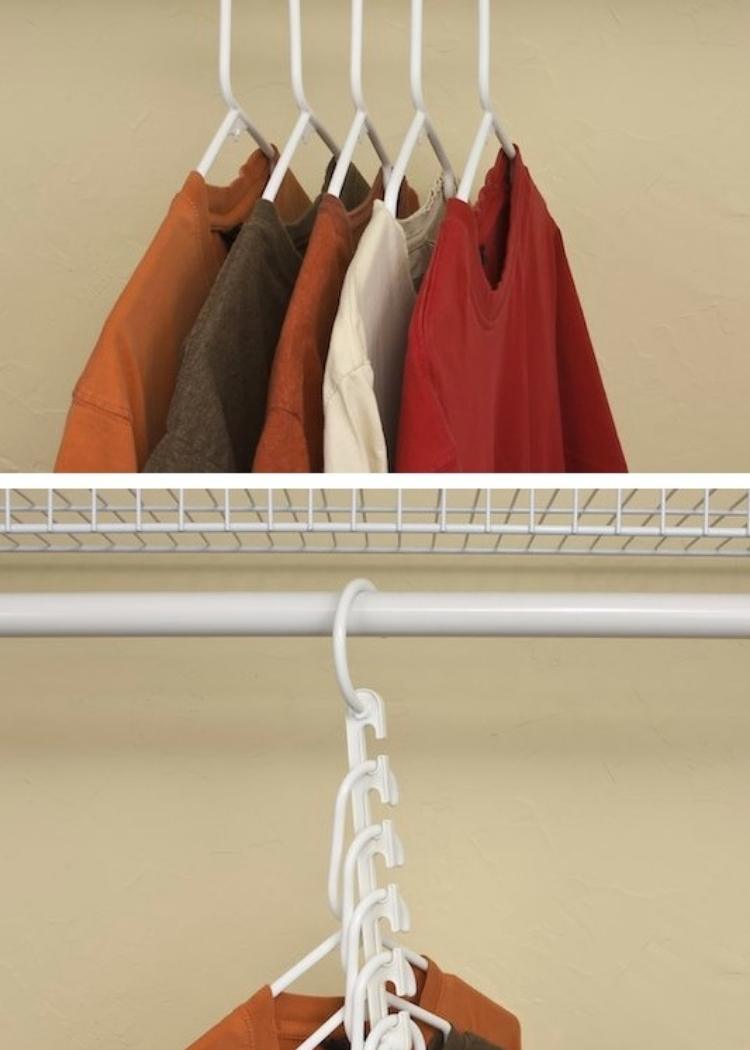This wonder hanger is just what every small closet needs to create more space! Hang several shirts on one. Neat idea for small closet spaces.