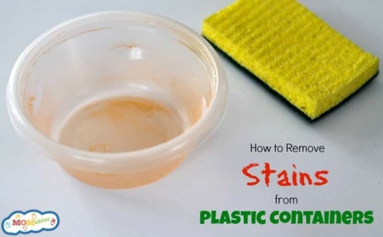 A photo on how to remove stains from plastic containers displaying a stained plastic container and a cleaning sponge 