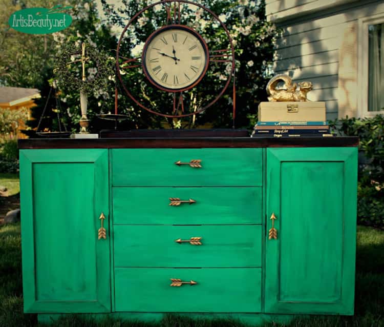 a dresser makeover using a fresh coat of paint and arrow-like drawer pulls