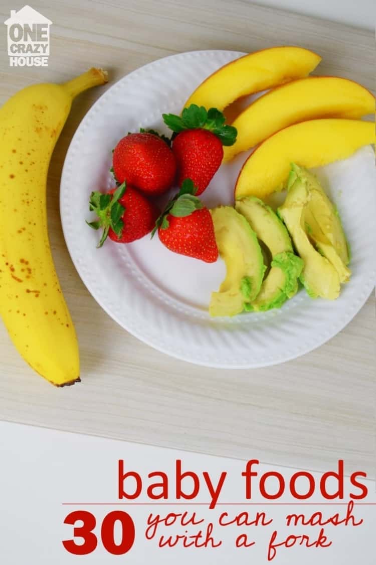 examples of baby foods you can mash with a fork - avocado, strawberries, mango and banana