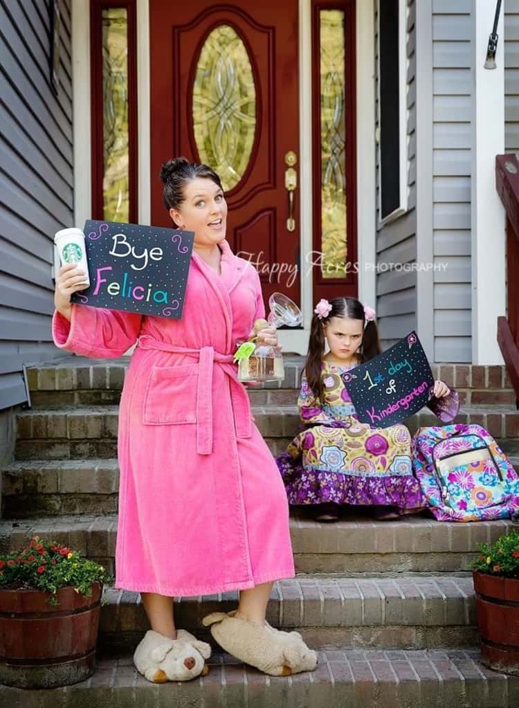 back to school photo ideas - mom holding sign that says "bye Felicia" and an unhappy child sitting on the steps