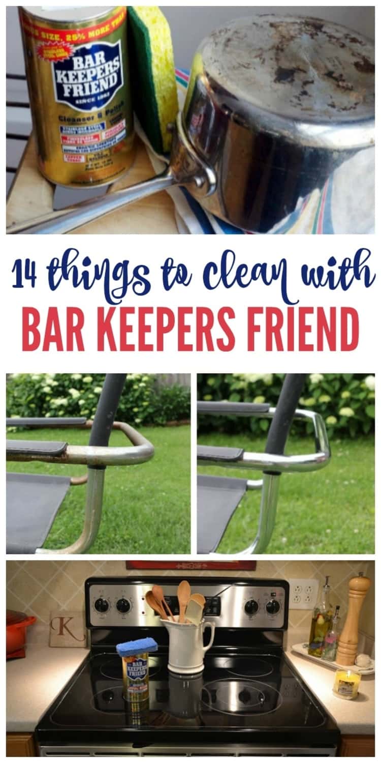bar keepers friend collage with stovetop, dirty pot and bar keepers friend product