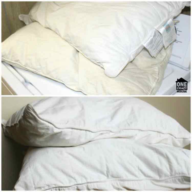 before and after photos of washed pillow from discoloration to white