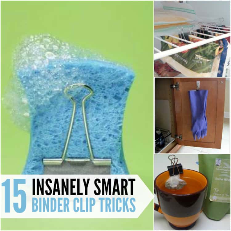 15 insanely smart binder clip tricks; collage of drying sponge, fridge orgainzer, gloves hanging in close and teabag all mounted on binder clips