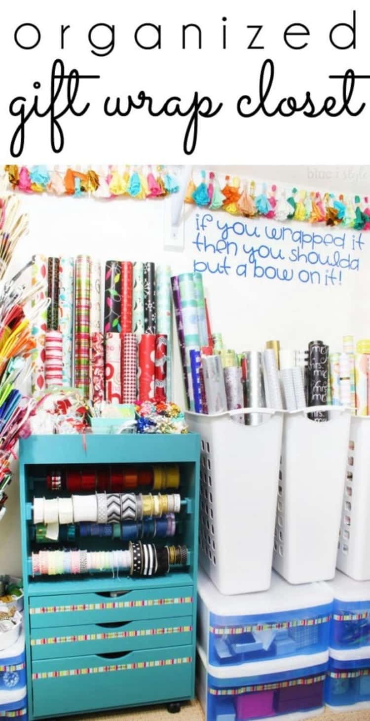 organized gift wrap closet with wrapping paper, drawers, bins, ribbons, and gift bags